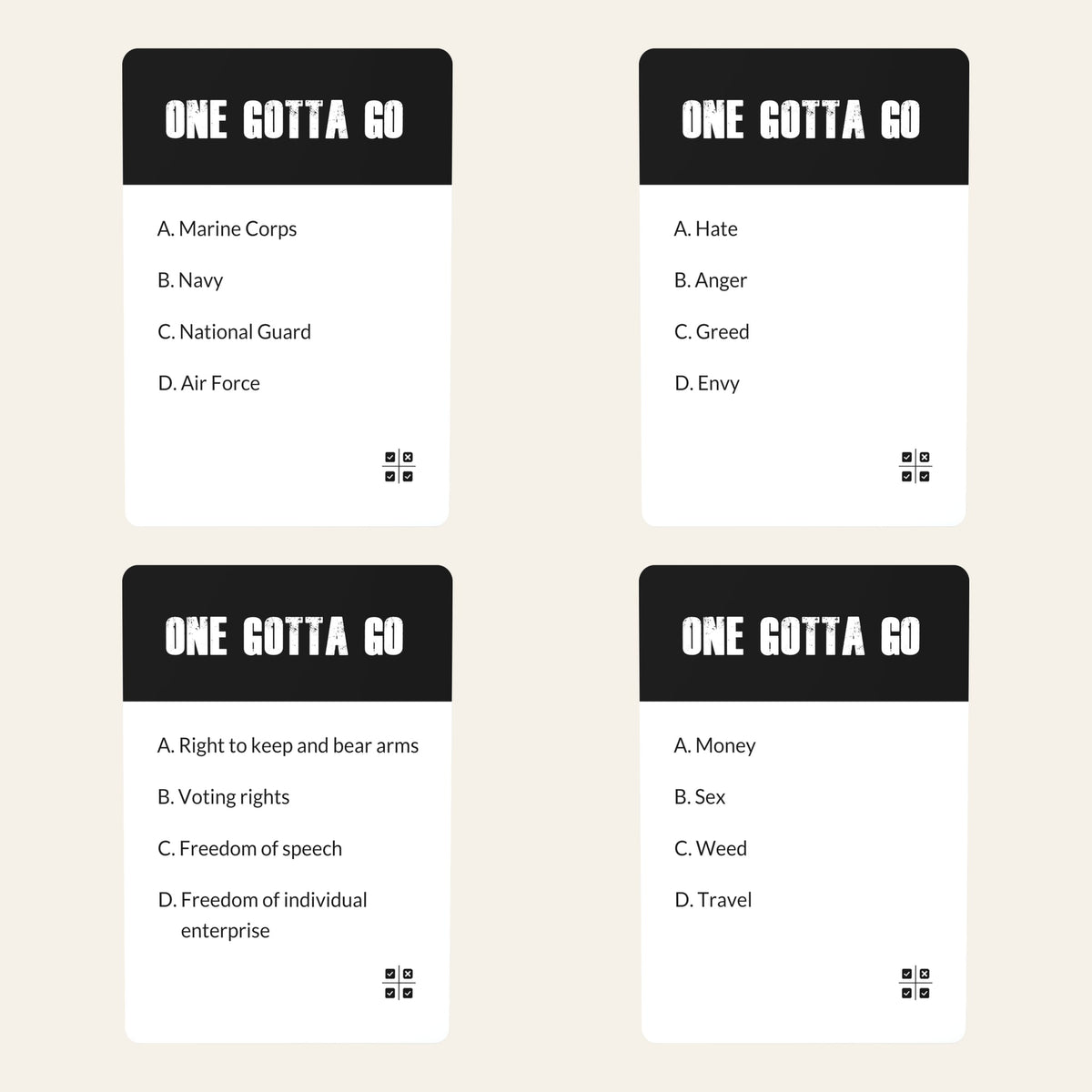 Four more cards from The First Deck: military branches, emotions, rights, and adult choices