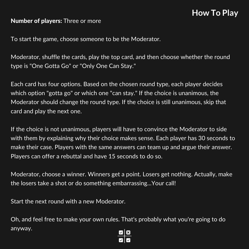 One Gotta Go how-to-play rules card
