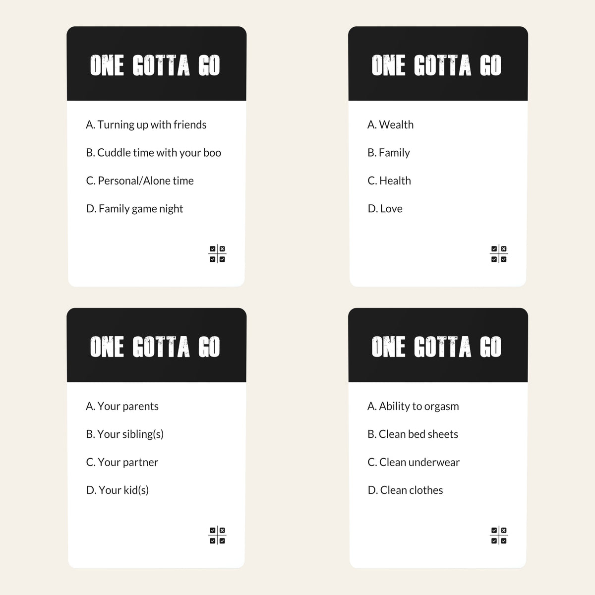 Four more cards from The Culture Deck: time with friends, life priorities, family, and grown-folks choices