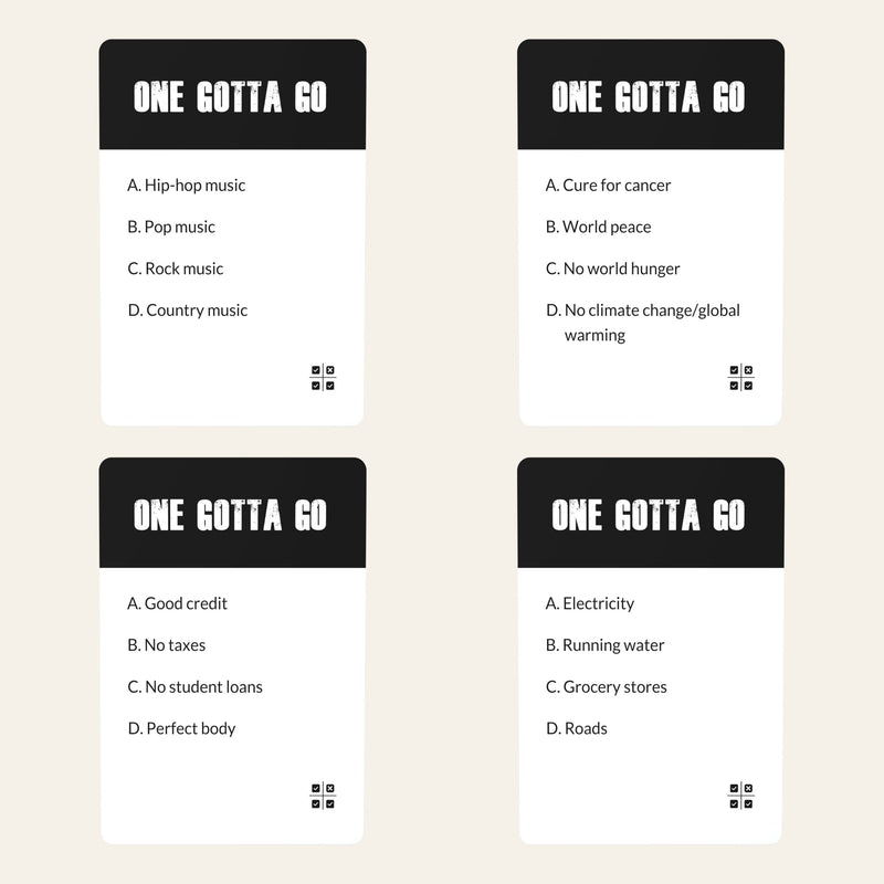 Four cards from The First Deck: music genres, world problems, money, and everyday needs