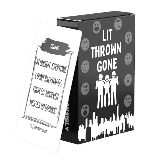 Lit | Thrown | Gone drinking card game box with a sample card